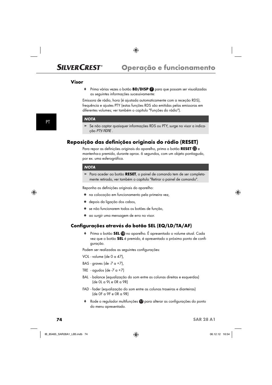 Operação e funcionamento, Pt visor, Conﬁ gurações através do botão sel (eq/ld/ta/af) | Silvercrest SAR 28 A1 User Manual | Page 78 / 155