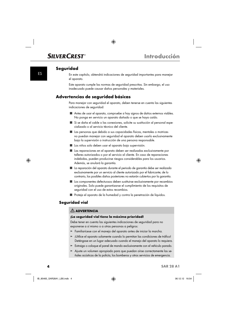 Introducción, Seguridad, Advertencias de seguridad básicas | Seguridad vial | Silvercrest SAR 28 A1 User Manual | Page 8 / 155