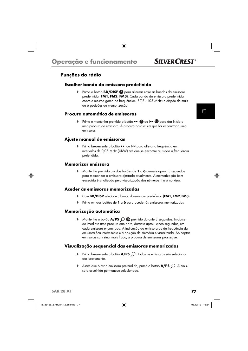 Operação e funcionamento, Funções do rádio, Escolher banda da emissora predeﬁ nida | Procura automática de emissoras, Ajuste manual de emissoras | Silvercrest SAR 28 A1 User Manual | Page 81 / 155