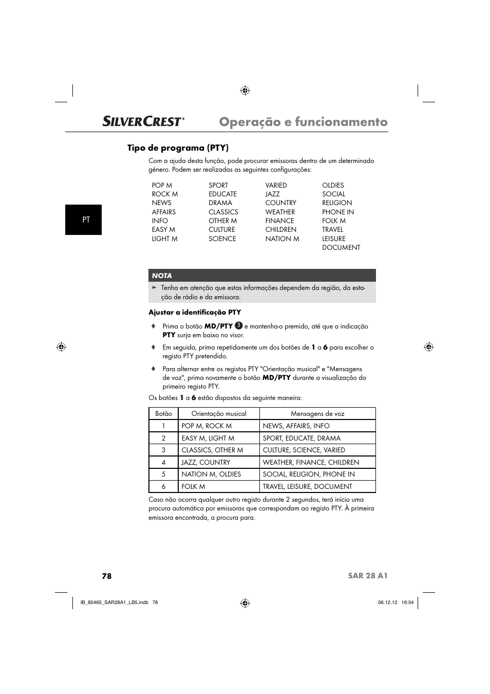 Operação e funcionamento, Pt tipo de programa (pty) | Silvercrest SAR 28 A1 User Manual | Page 82 / 155