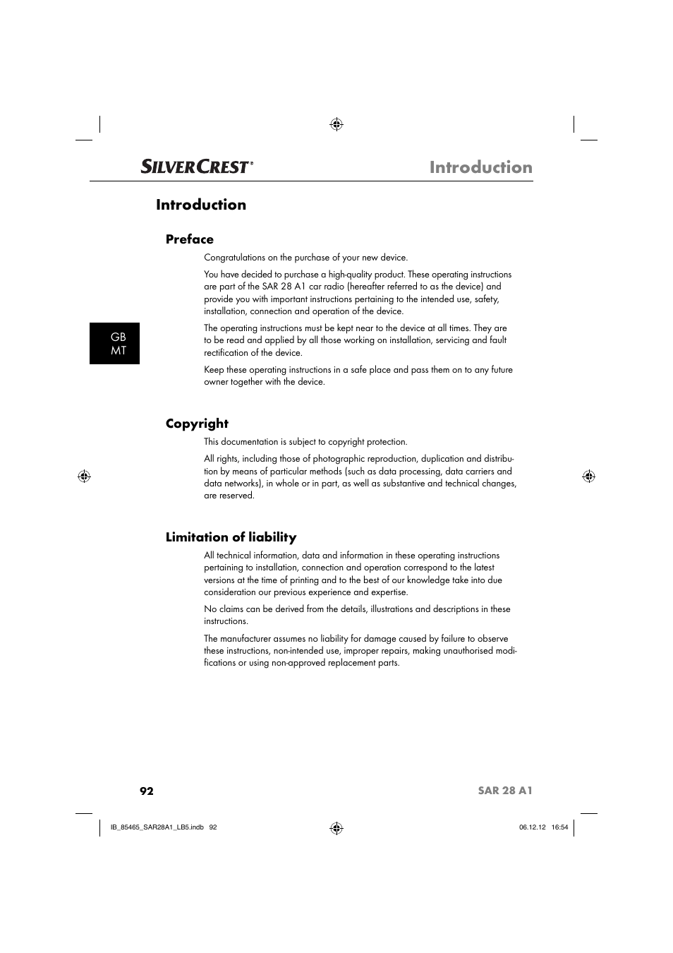 Introduction, Preface, Copyright | Limitation of liability, Gb mt | Silvercrest SAR 28 A1 User Manual | Page 96 / 155