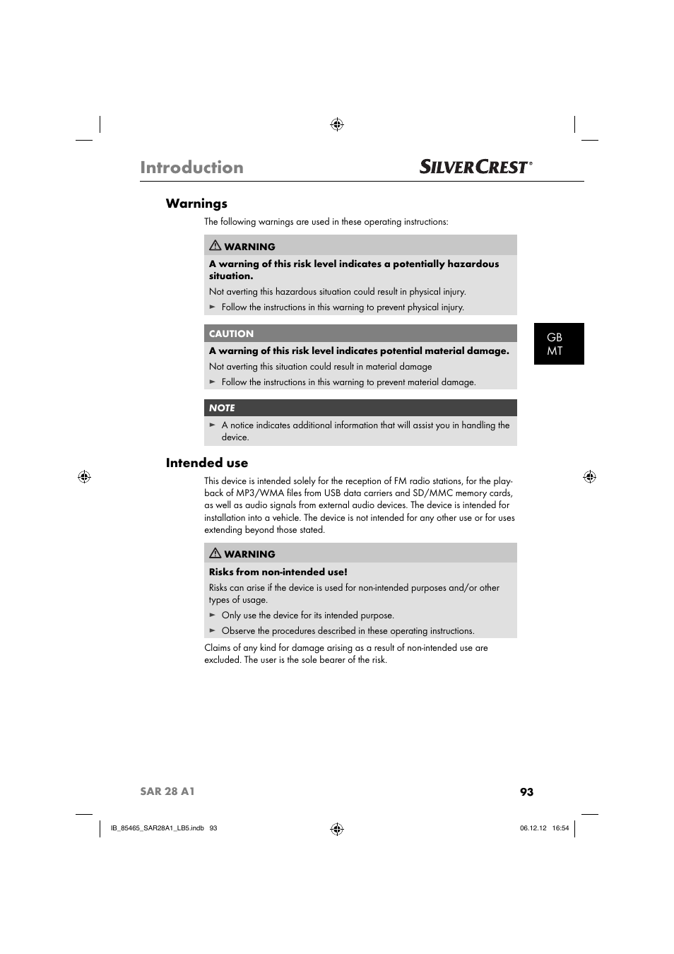 Introduction, Warnings, Intended use | Gb mt | Silvercrest SAR 28 A1 User Manual | Page 97 / 155