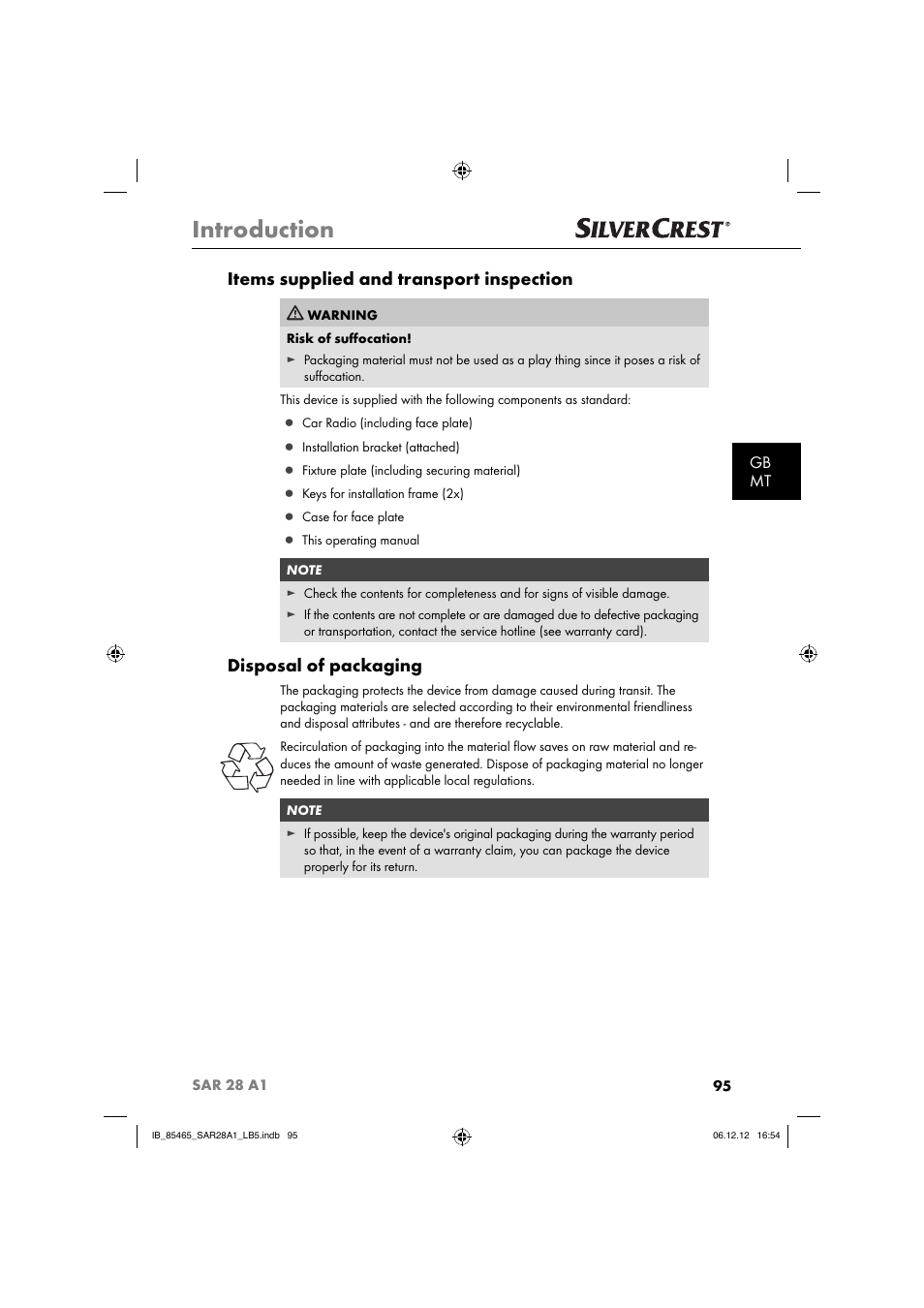 Introduction, Items supplied and transport inspection, Disposal of packaging | Gb mt | Silvercrest SAR 28 A1 User Manual | Page 99 / 155