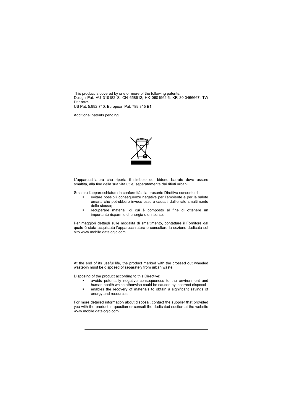 Patents, Weee compliance | Datalogic Scanning Formula User Manual | Page 16 / 72