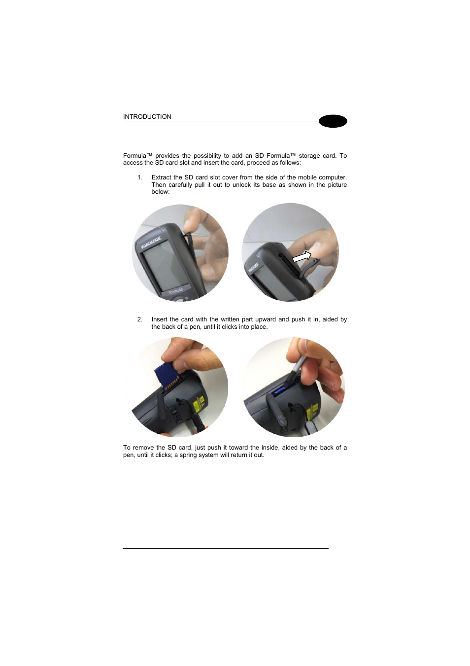 Inserting an sd card, 4 inserting an sd card | Datalogic Scanning Formula User Manual | Page 23 / 72