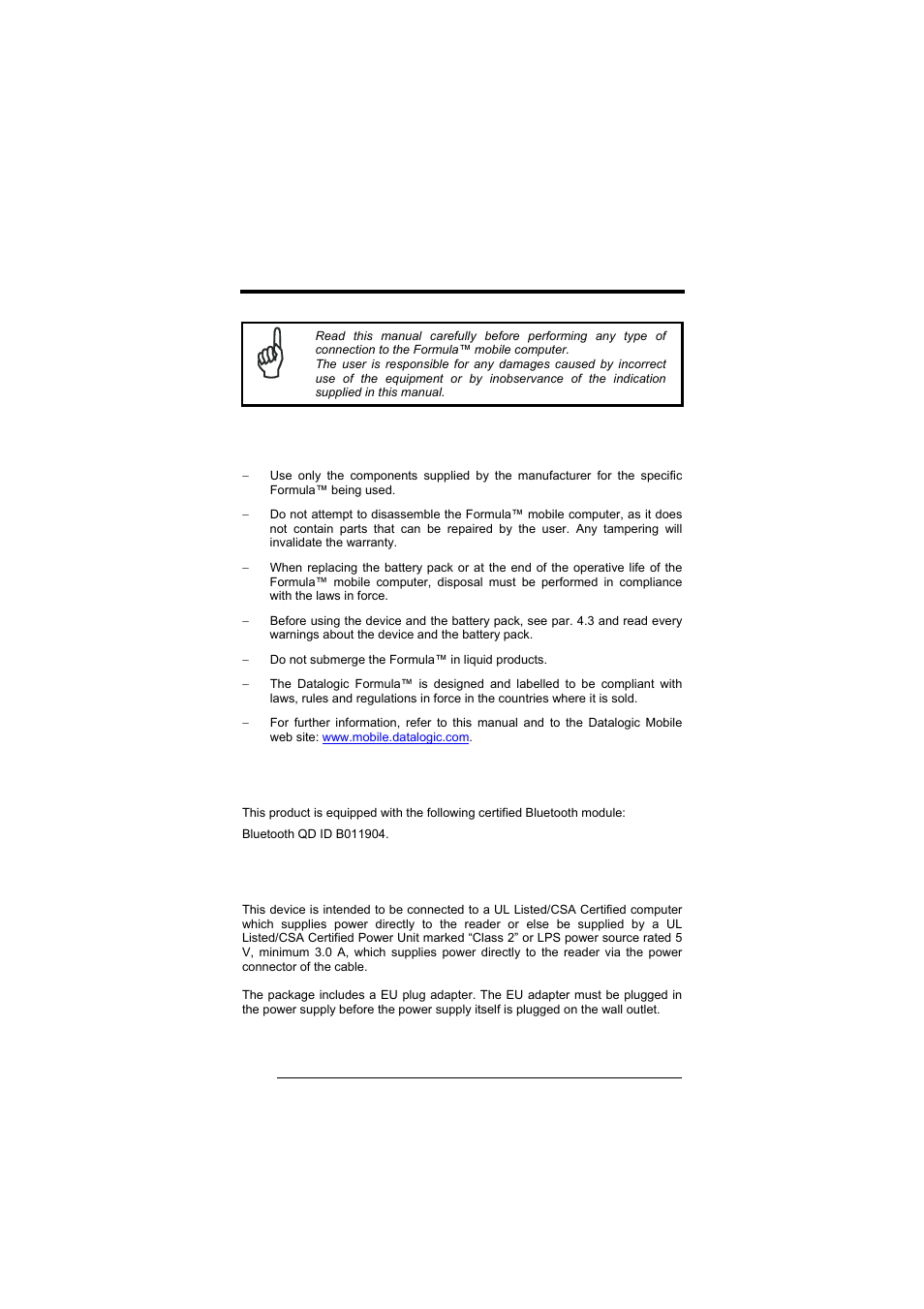 Safety regulations, General safety rules, Bluetooth® approval | Power supply, Bluetooth | Datalogic Scanning Formula User Manual | Page 6 / 72