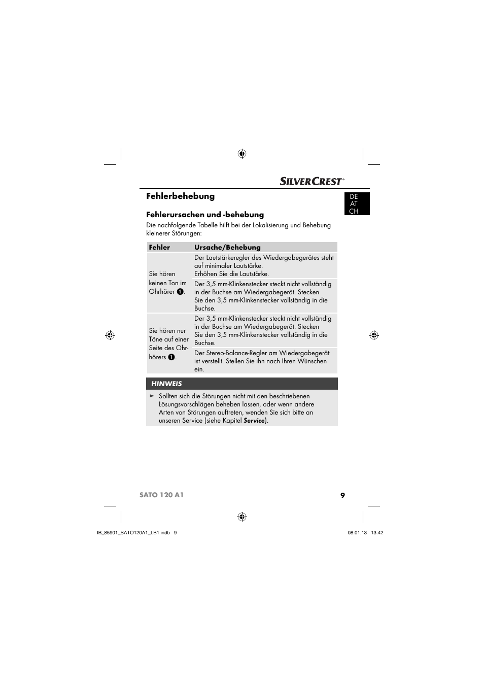 Fehlerbehebung, Fehlerursachen und -behebung | Silvercrest SATO 120 A1 User Manual | Page 12 / 73