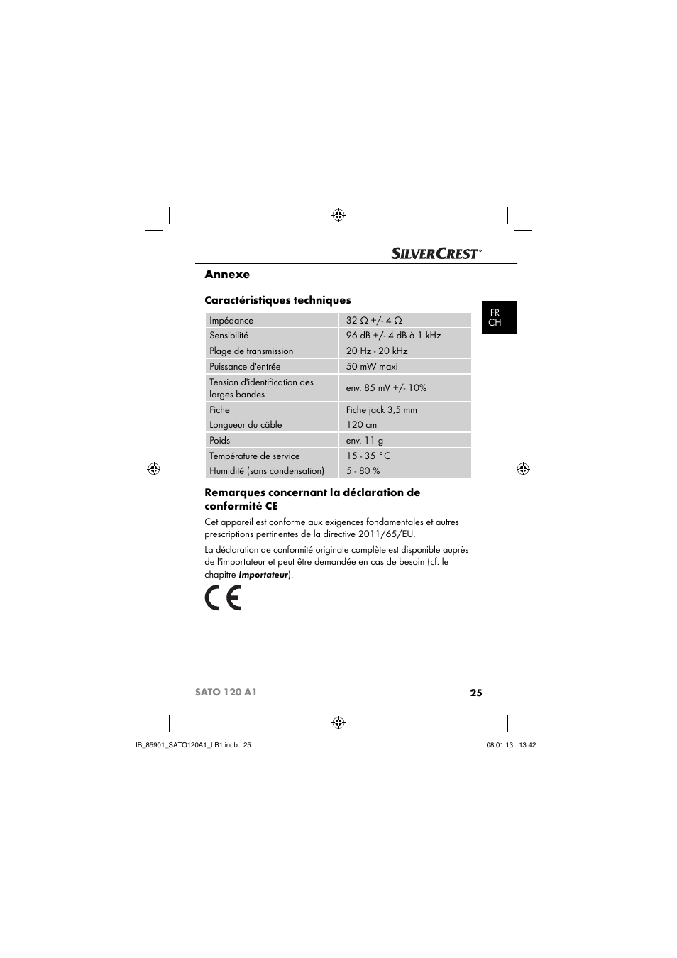 Annexe, Caractéristiques techniques | Silvercrest SATO 120 A1 User Manual | Page 28 / 73