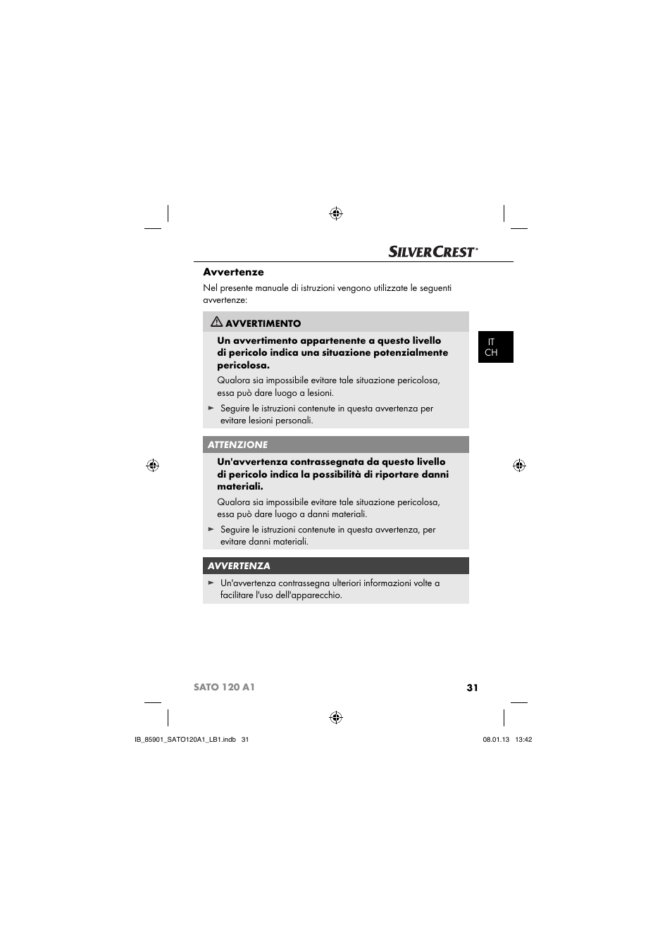 Avvertenze | Silvercrest SATO 120 A1 User Manual | Page 34 / 73