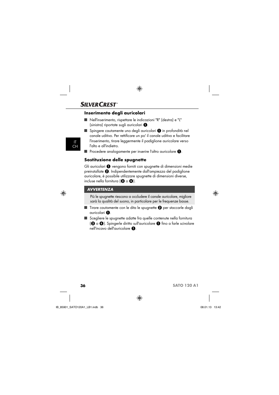 Inserimento degli auricolari, Sostituzione delle spugnette | Silvercrest SATO 120 A1 User Manual | Page 39 / 73