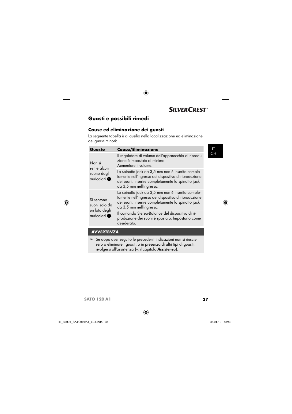 Guasti e possibili rimedi, Cause ed eliminazione dei guasti | Silvercrest SATO 120 A1 User Manual | Page 40 / 73