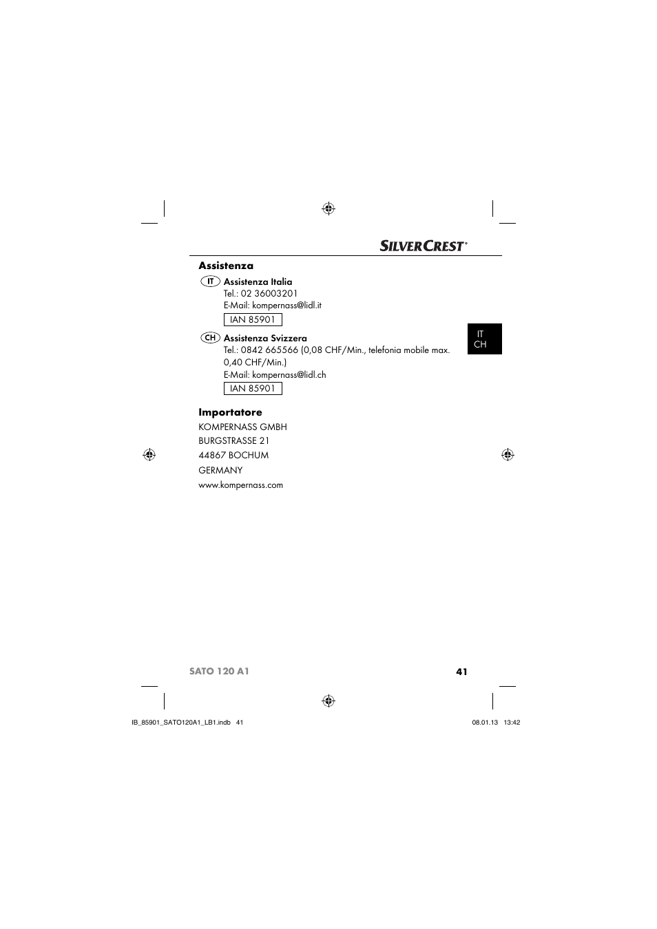 Assistenza, Importatore | Silvercrest SATO 120 A1 User Manual | Page 44 / 73
