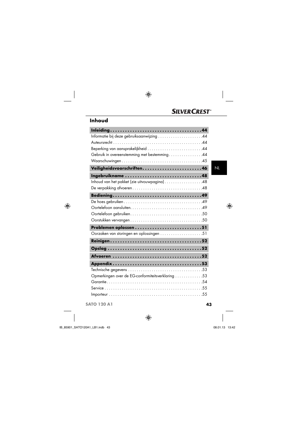 Inhoud | Silvercrest SATO 120 A1 User Manual | Page 46 / 73