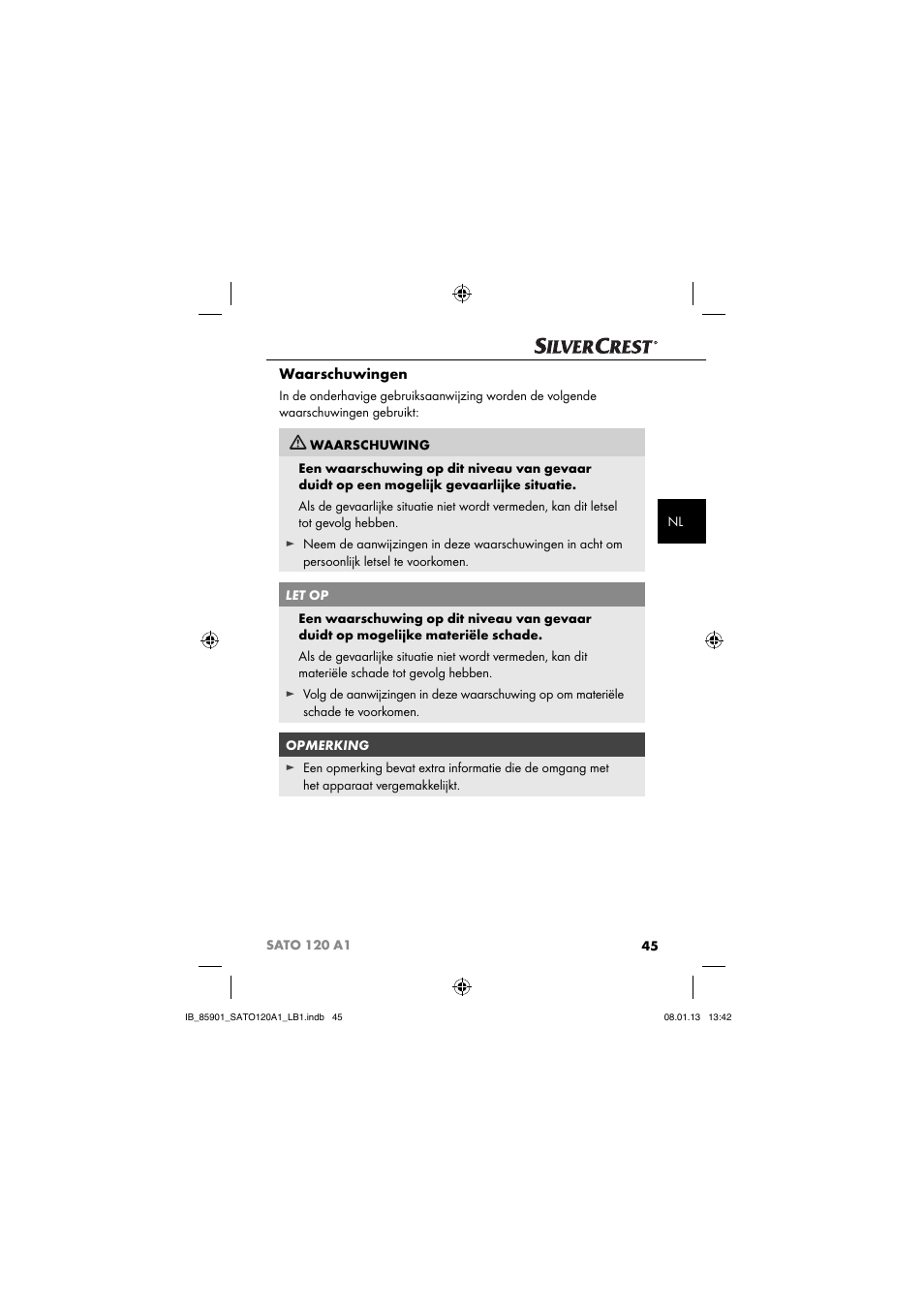 Waarschuwingen | Silvercrest SATO 120 A1 User Manual | Page 48 / 73
