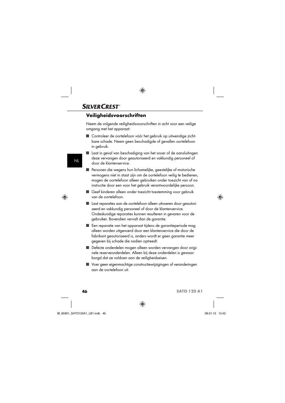 Veiligheidsvoorschriften | Silvercrest SATO 120 A1 User Manual | Page 49 / 73
