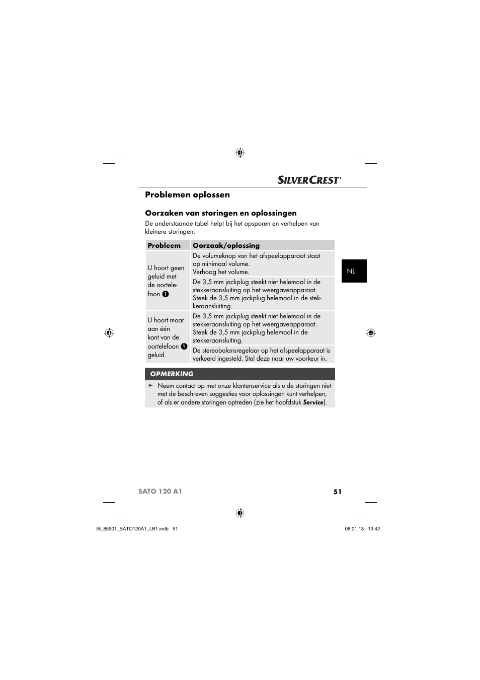 Problemen oplossen, Oorzaken van storingen en oplossingen | Silvercrest SATO 120 A1 User Manual | Page 54 / 73
