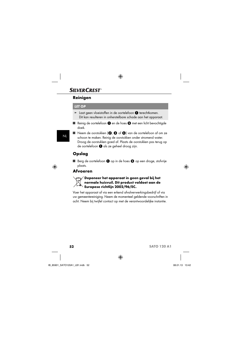 Reinigen, Opslag, Afvoeren | Silvercrest SATO 120 A1 User Manual | Page 55 / 73