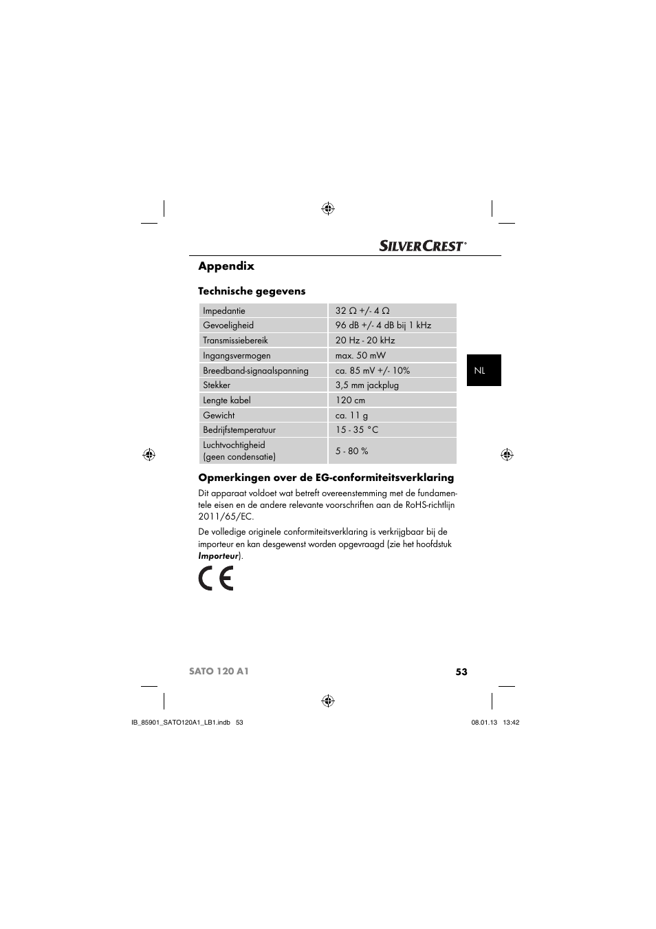 Appendix, Technische gegevens, Opmerkingen over de eg-conformiteitsverklaring | Silvercrest SATO 120 A1 User Manual | Page 56 / 73