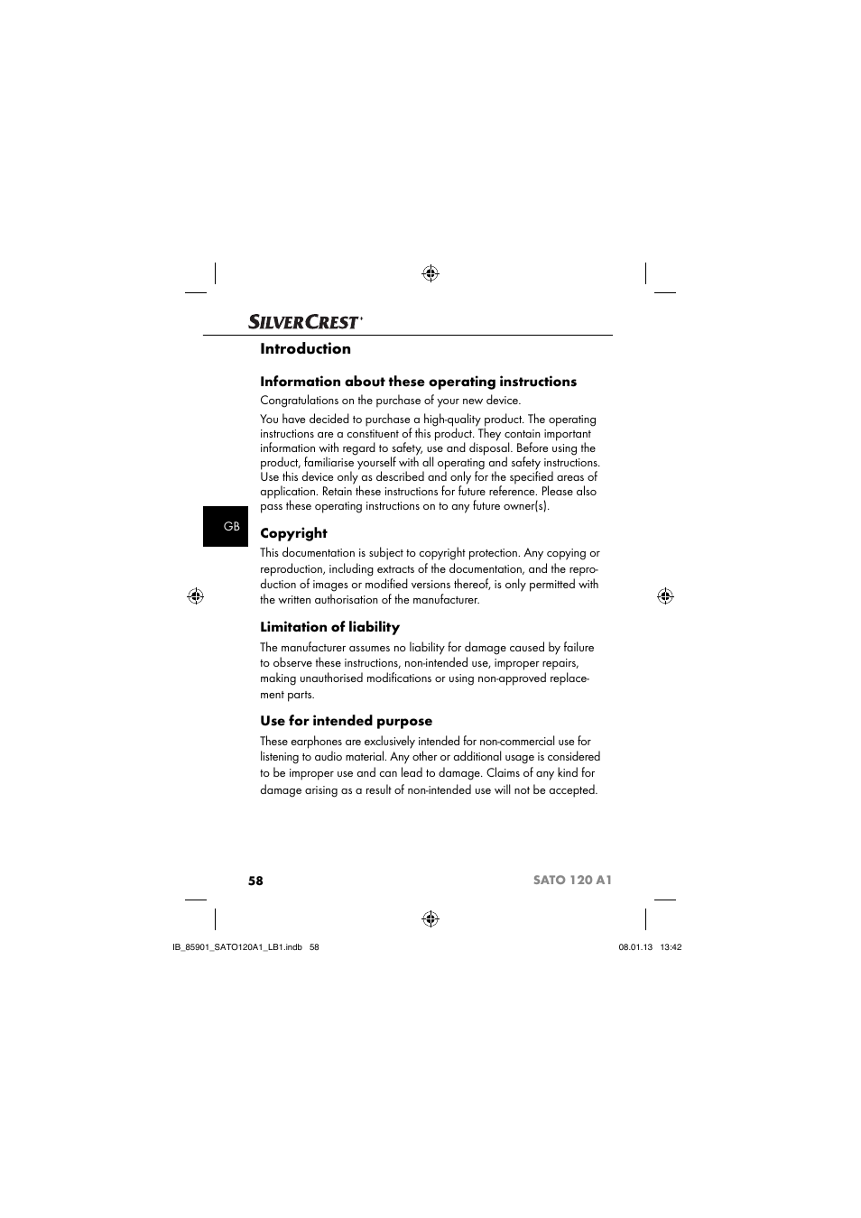 Introduction, Information about these operating instructions, Copyright | Limitation of liability, Use for intended purpose | Silvercrest SATO 120 A1 User Manual | Page 61 / 73