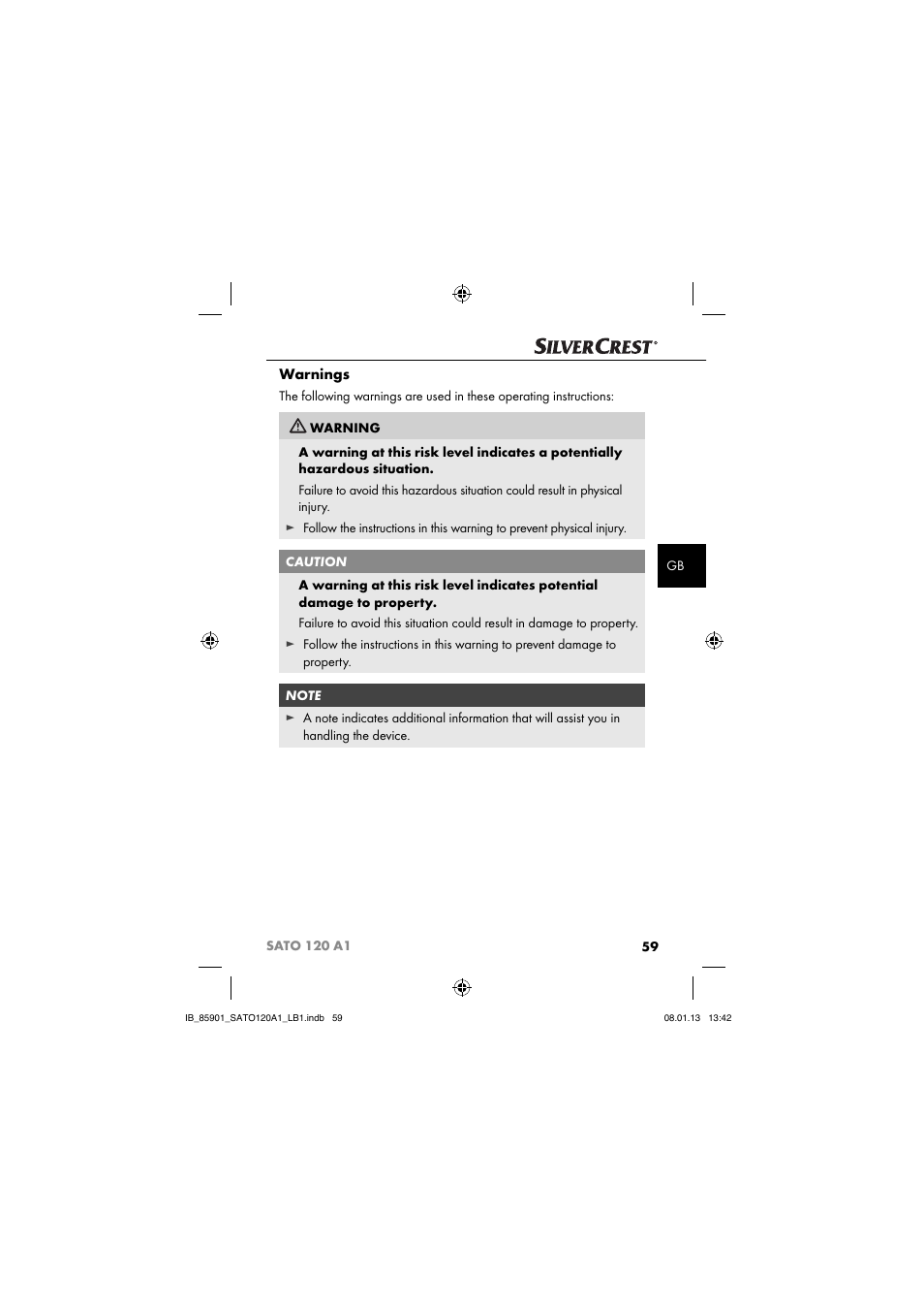 Warnings | Silvercrest SATO 120 A1 User Manual | Page 62 / 73