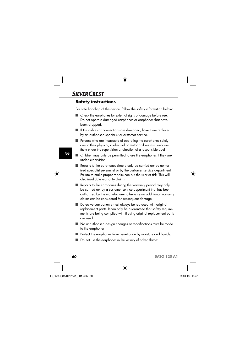 Safety instructions | Silvercrest SATO 120 A1 User Manual | Page 63 / 73