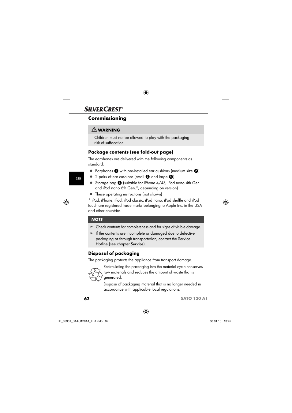 Commissioning, Package contents (see fold-out page), Disposal of packaging | Silvercrest SATO 120 A1 User Manual | Page 65 / 73