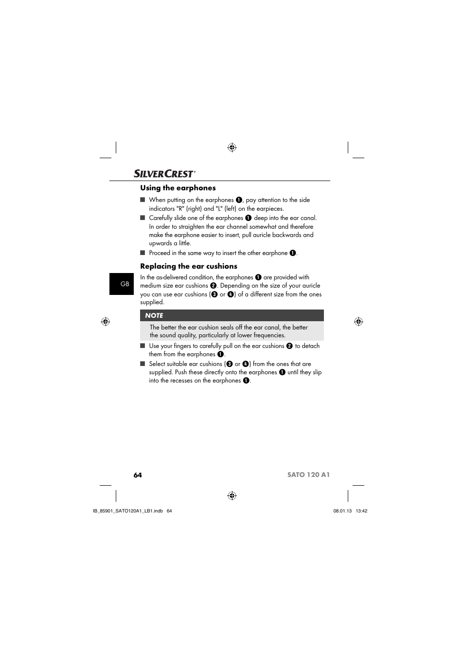Using the earphones, Replacing the ear cushions | Silvercrest SATO 120 A1 User Manual | Page 67 / 73