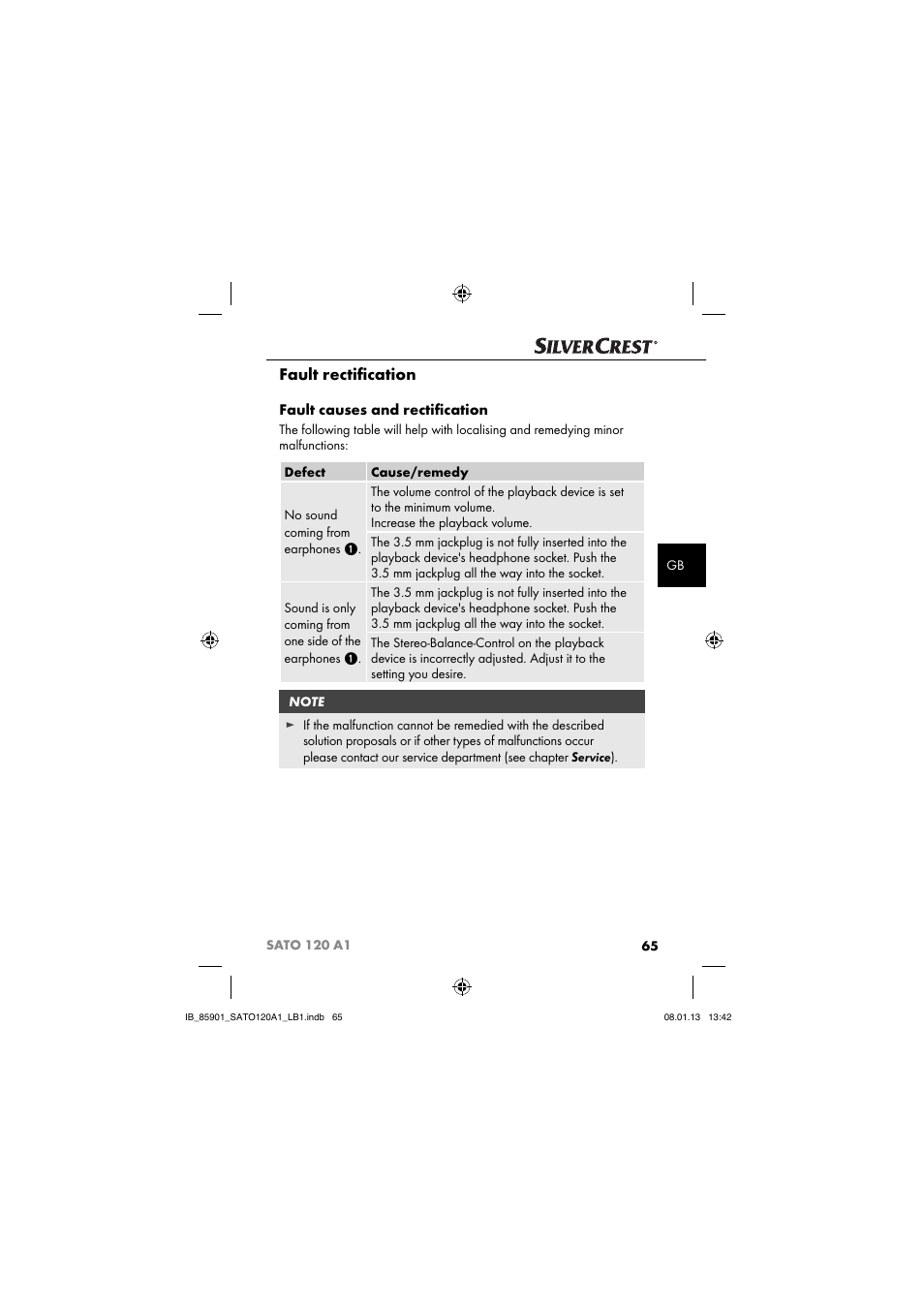 Fault rectiﬁ cation, Fault causes and rectiﬁ cation | Silvercrest SATO 120 A1 User Manual | Page 68 / 73