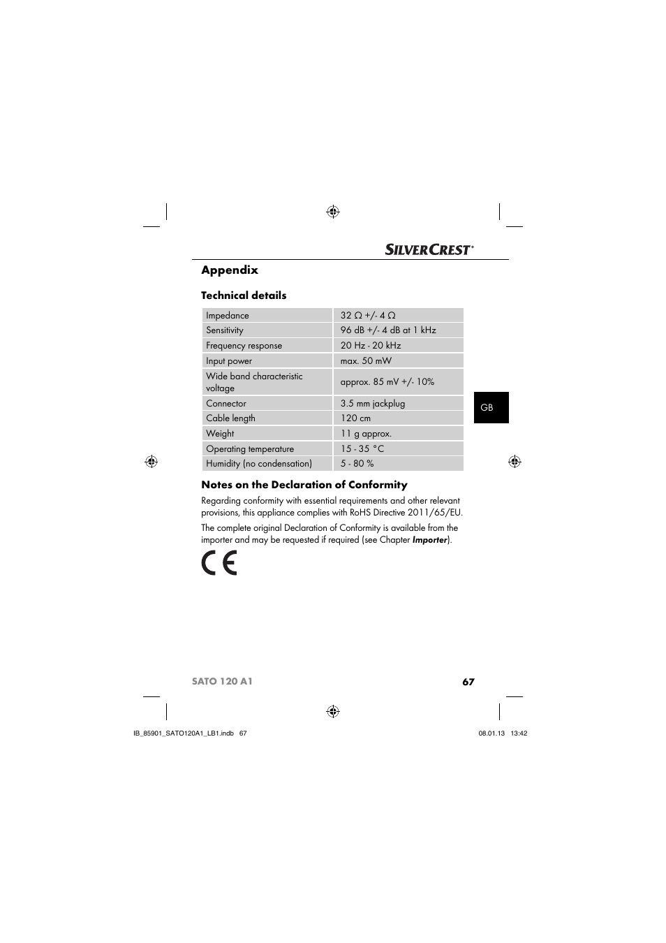 Appendix, Technical details | Silvercrest SATO 120 A1 User Manual | Page 70 / 73