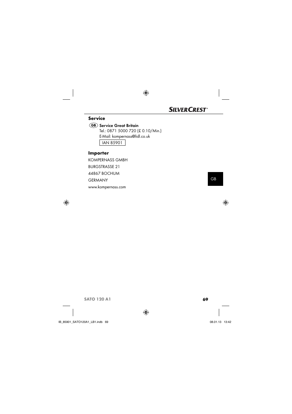 Service, Importer | Silvercrest SATO 120 A1 User Manual | Page 72 / 73