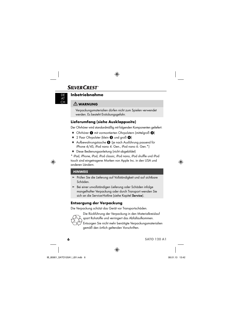 Inbetriebnahme, Lieferumfang (siehe ausklappseite), Entsorgung der verpackung | Silvercrest SATO 120 A1 User Manual | Page 9 / 73