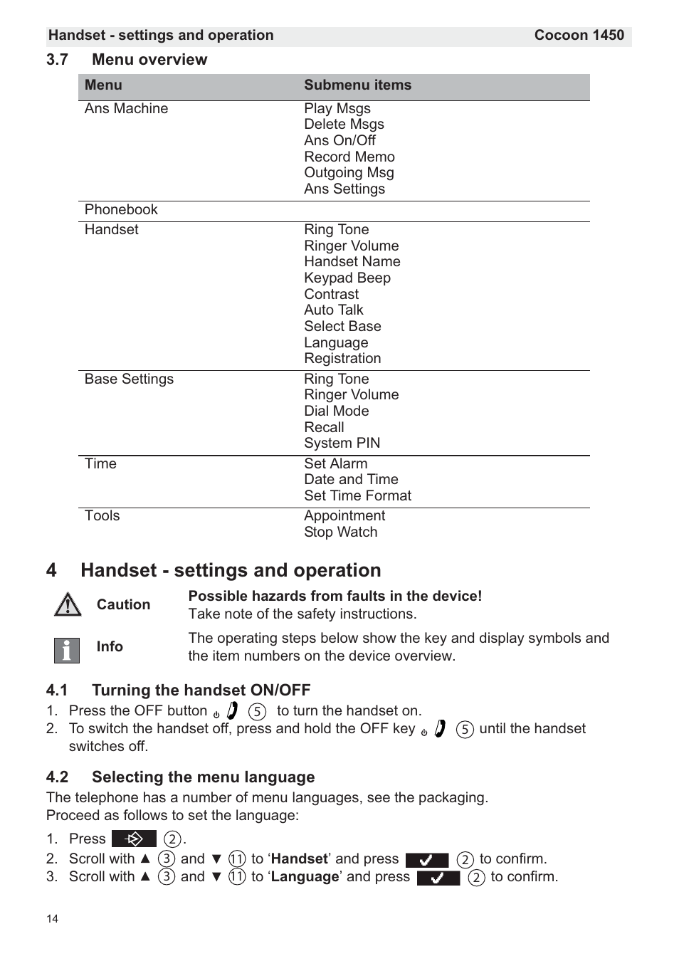 4handset - settings and operation | Silvercrest COCOON 1450 User Manual | Page 16 / 49