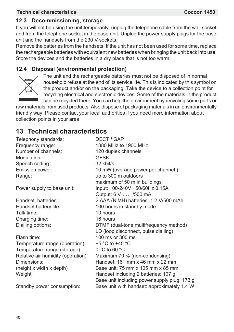 13 technical characteristics | Silvercrest COCOON 1450 User Manual | Page 42 / 49