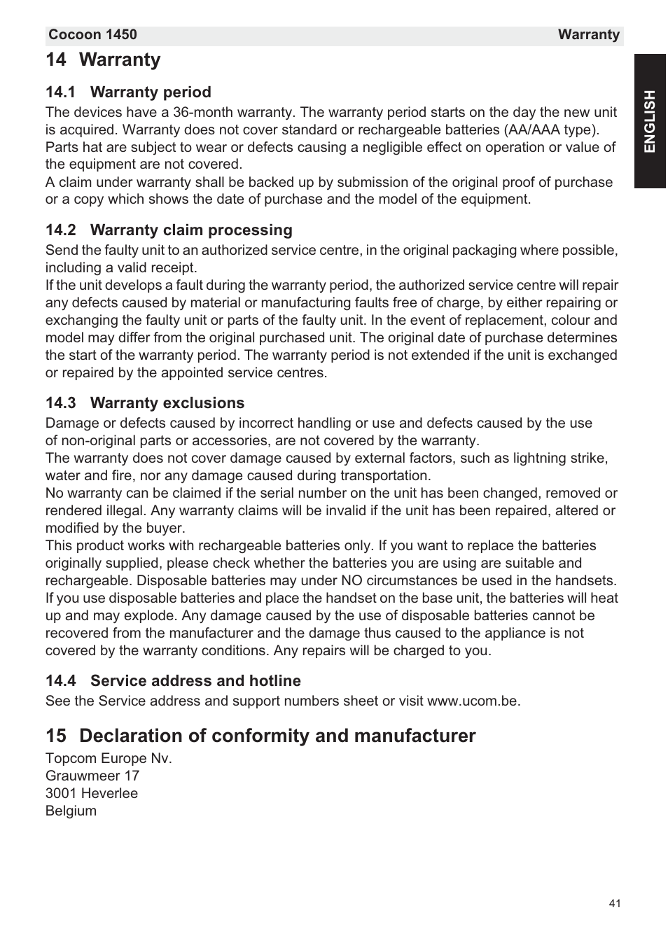 14 warranty, 15 declaration of conformity and manufacturer | Silvercrest COCOON 1450 User Manual | Page 43 / 49