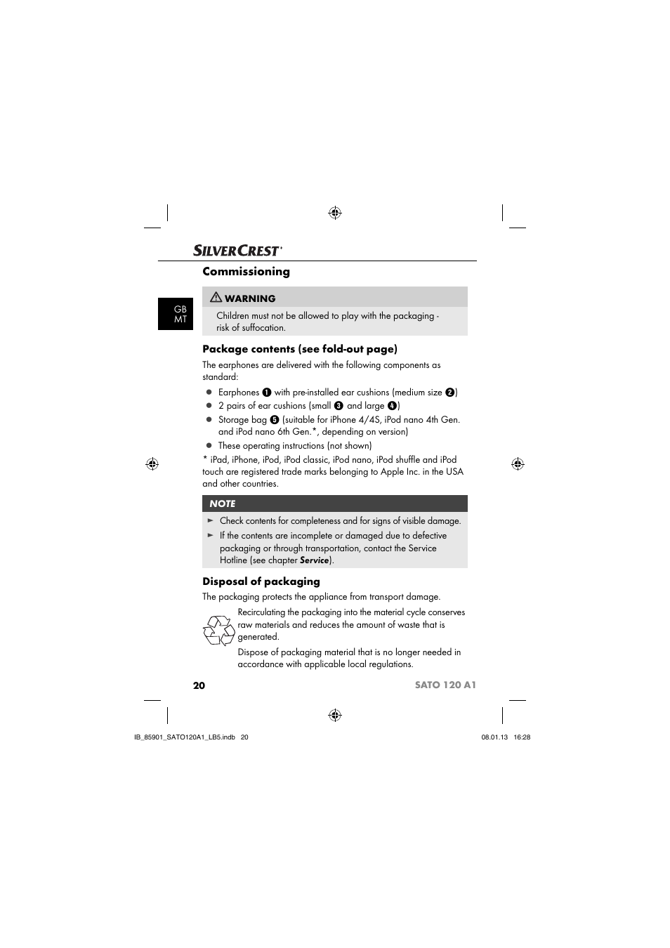 Commissioning, Package contents (see fold-out page), Disposal of packaging | Silvercrest SATO 120 A1 User Manual | Page 23 / 45