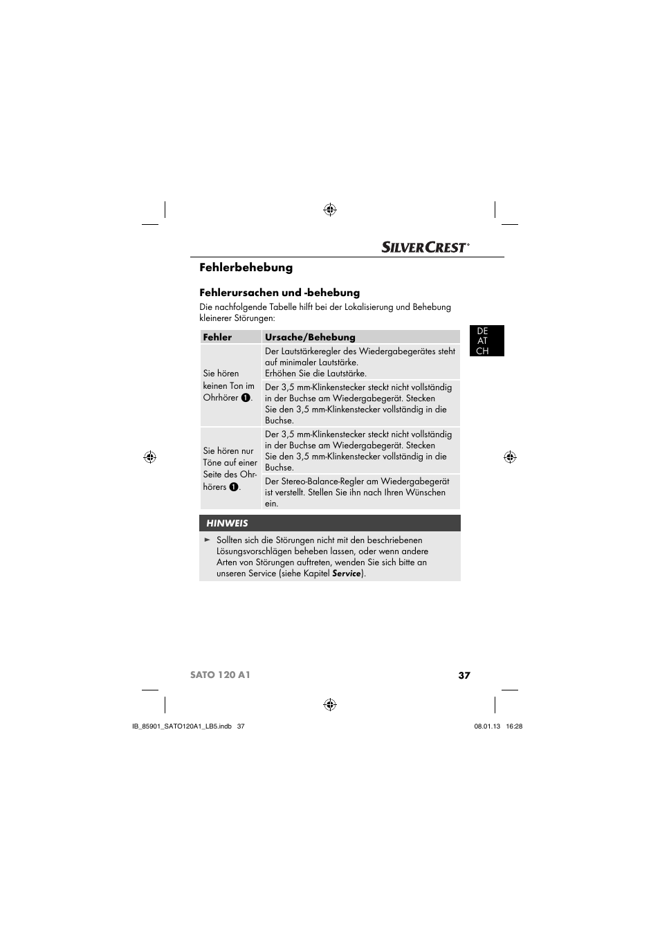 Fehlerbehebung, Fehlerursachen und -behebung | Silvercrest SATO 120 A1 User Manual | Page 40 / 45