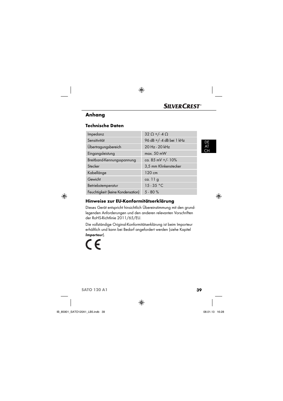 Anhang, Technische daten, Hinweise zur eu-konformitätserklärung | Silvercrest SATO 120 A1 User Manual | Page 42 / 45