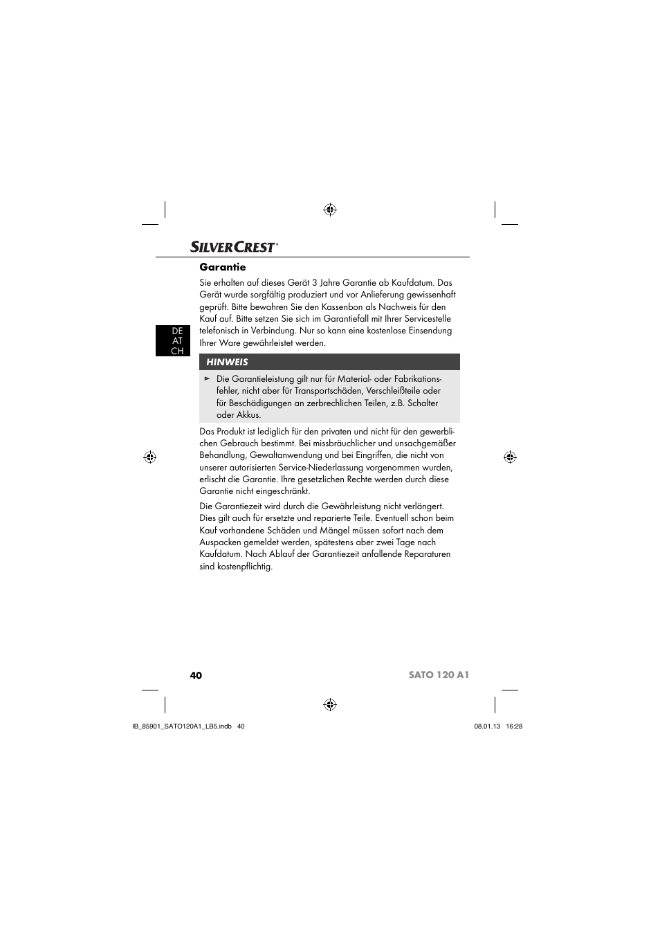 Garantie | Silvercrest SATO 120 A1 User Manual | Page 43 / 45