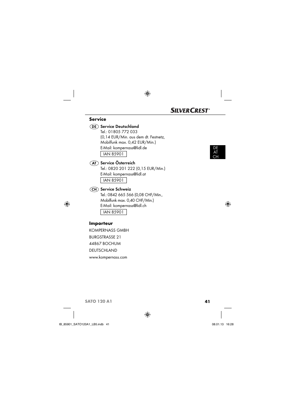 Service, Importeur | Silvercrest SATO 120 A1 User Manual | Page 44 / 45