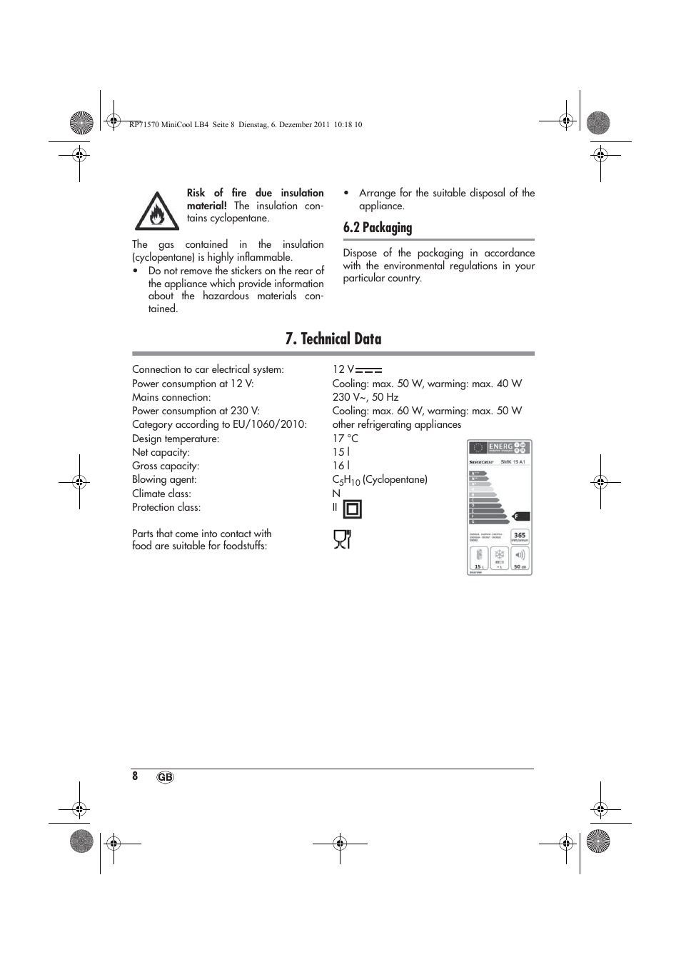 Technical data, 2 packaging | Silvercrest SMK 15 A1 User Manual | Page 10 / 62