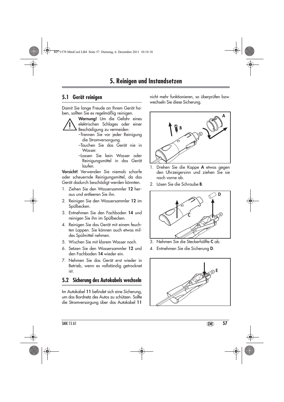 Reinigen und instandsetzen, 1 gerät reinigen, 2 sicherung des autokabels wechseln | Silvercrest SMK 15 A1 User Manual | Page 59 / 62