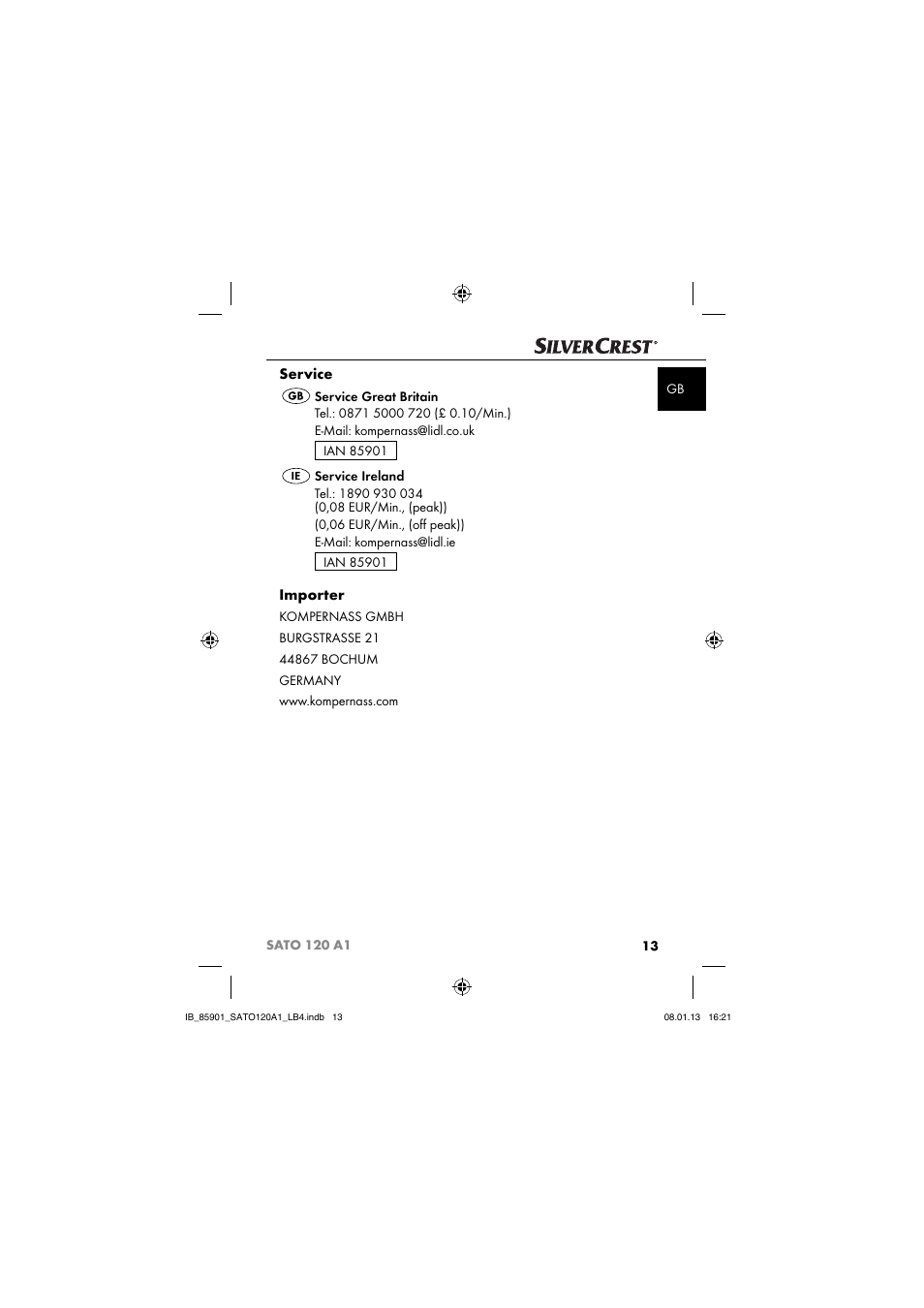 Service, Importer | Silvercrest SATO 120 A1 User Manual | Page 16 / 59