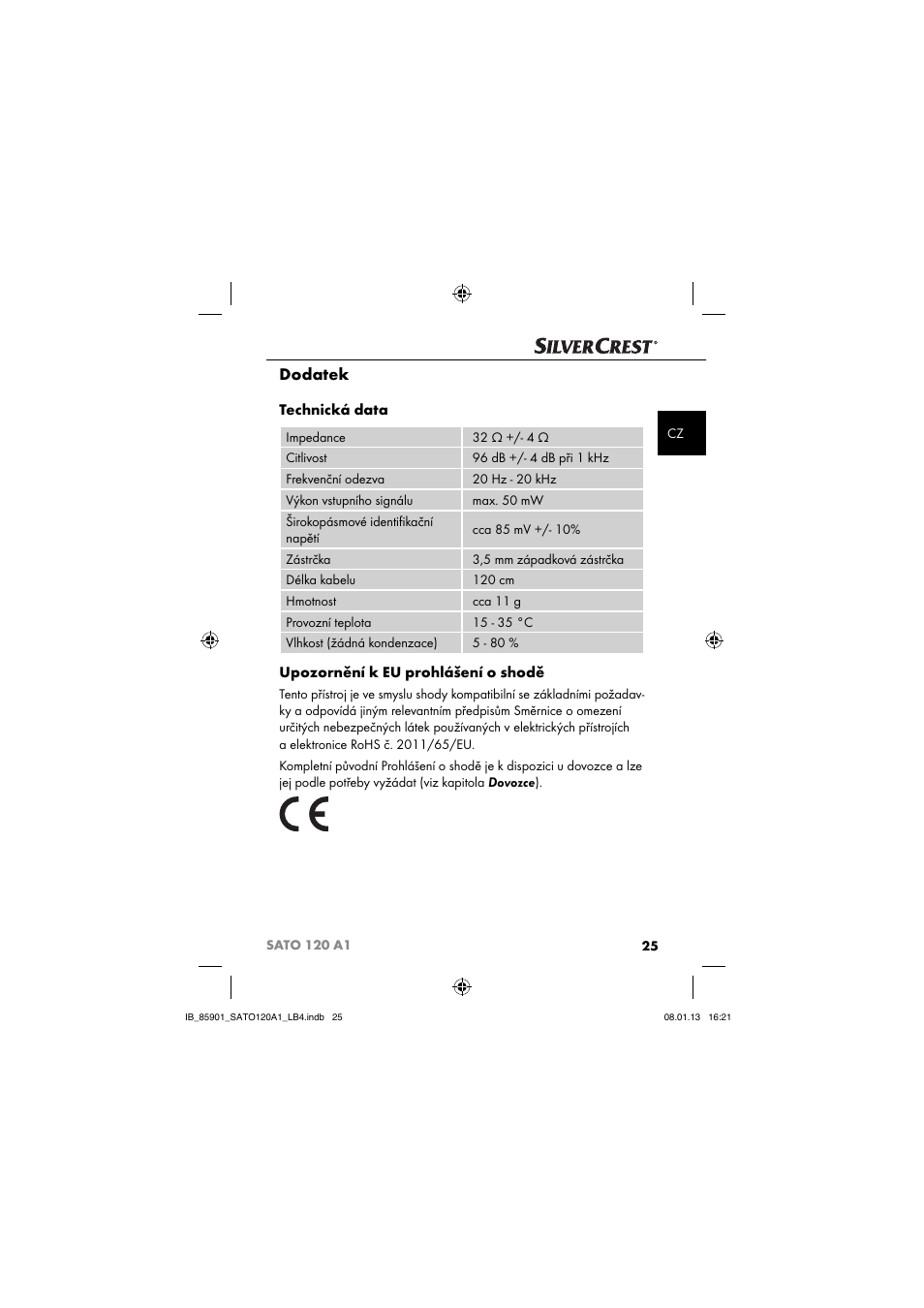 Dodatek, Technická data, Upozornění k eu prohlášení o shodě | Silvercrest SATO 120 A1 User Manual | Page 28 / 59