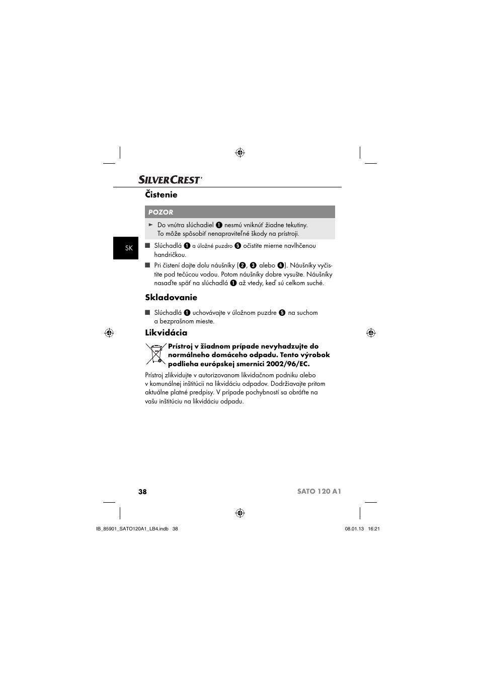 Čistenie, Skladovanie, Likvidácia | Silvercrest SATO 120 A1 User Manual | Page 41 / 59