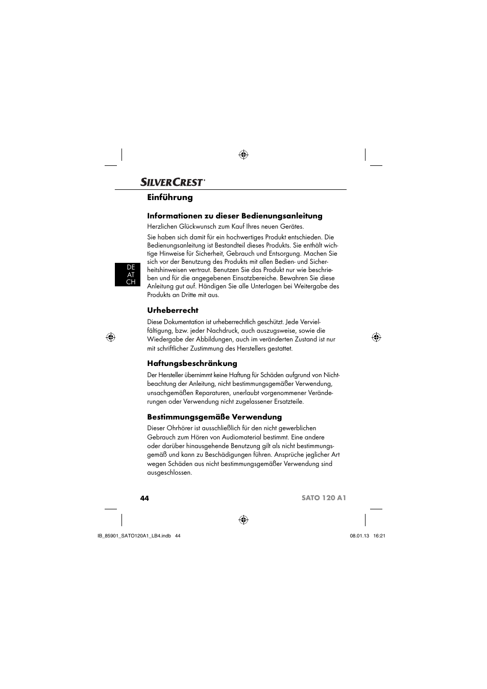 Einführung, Informationen zu dieser bedienungsanleitung, Urheberrecht | Haftungsbeschränkung, Bestimmungsgemäße verwendung | Silvercrest SATO 120 A1 User Manual | Page 47 / 59
