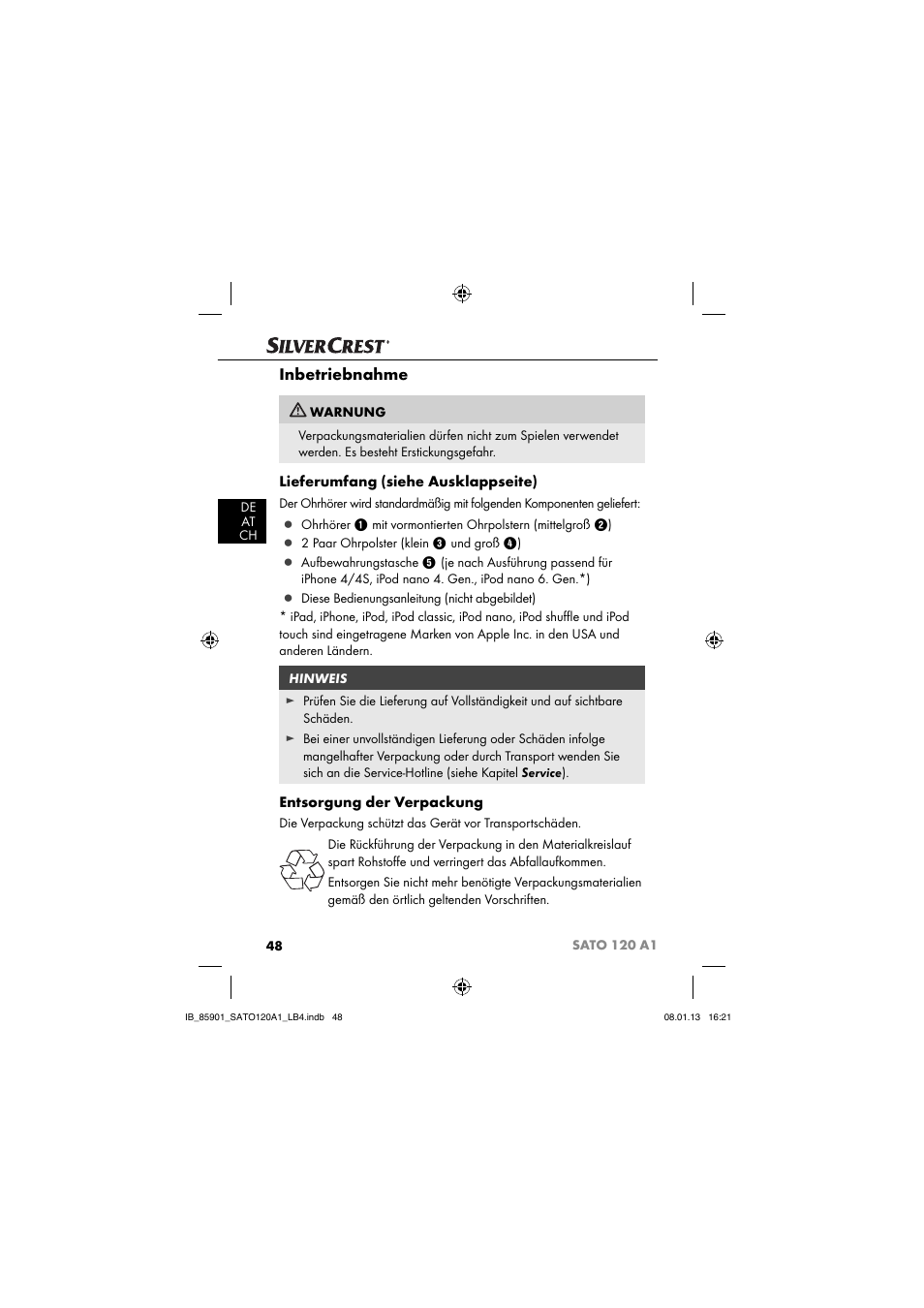 Inbetriebnahme, Lieferumfang (siehe ausklappseite), Entsorgung der verpackung | Silvercrest SATO 120 A1 User Manual | Page 51 / 59