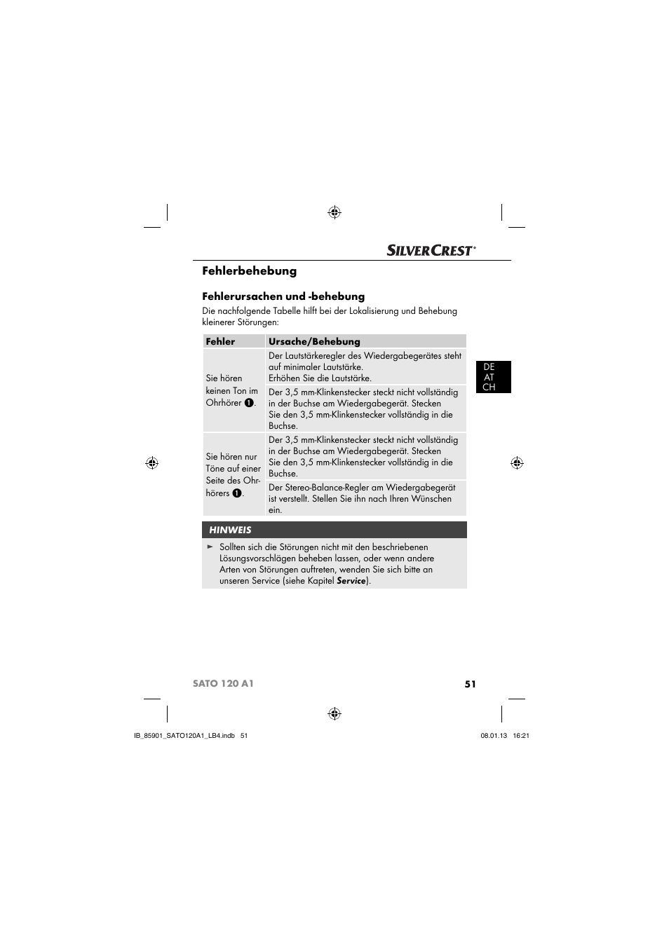 Fehlerbehebung, Fehlerursachen und -behebung | Silvercrest SATO 120 A1 User Manual | Page 54 / 59
