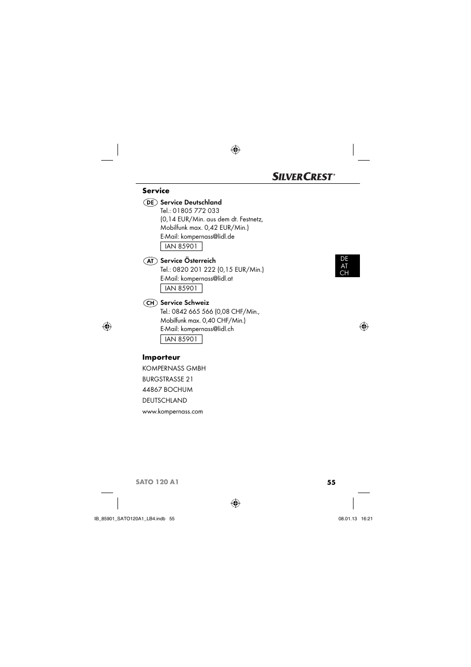 Service, Importeur | Silvercrest SATO 120 A1 User Manual | Page 58 / 59