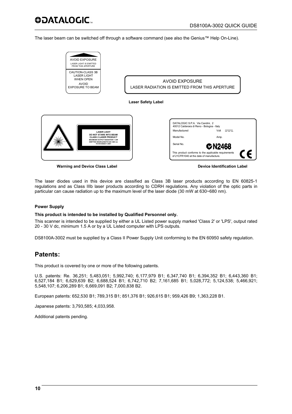 Patents | Datalogic Scanning DS8100A-3002 User Manual | Page 10 / 11