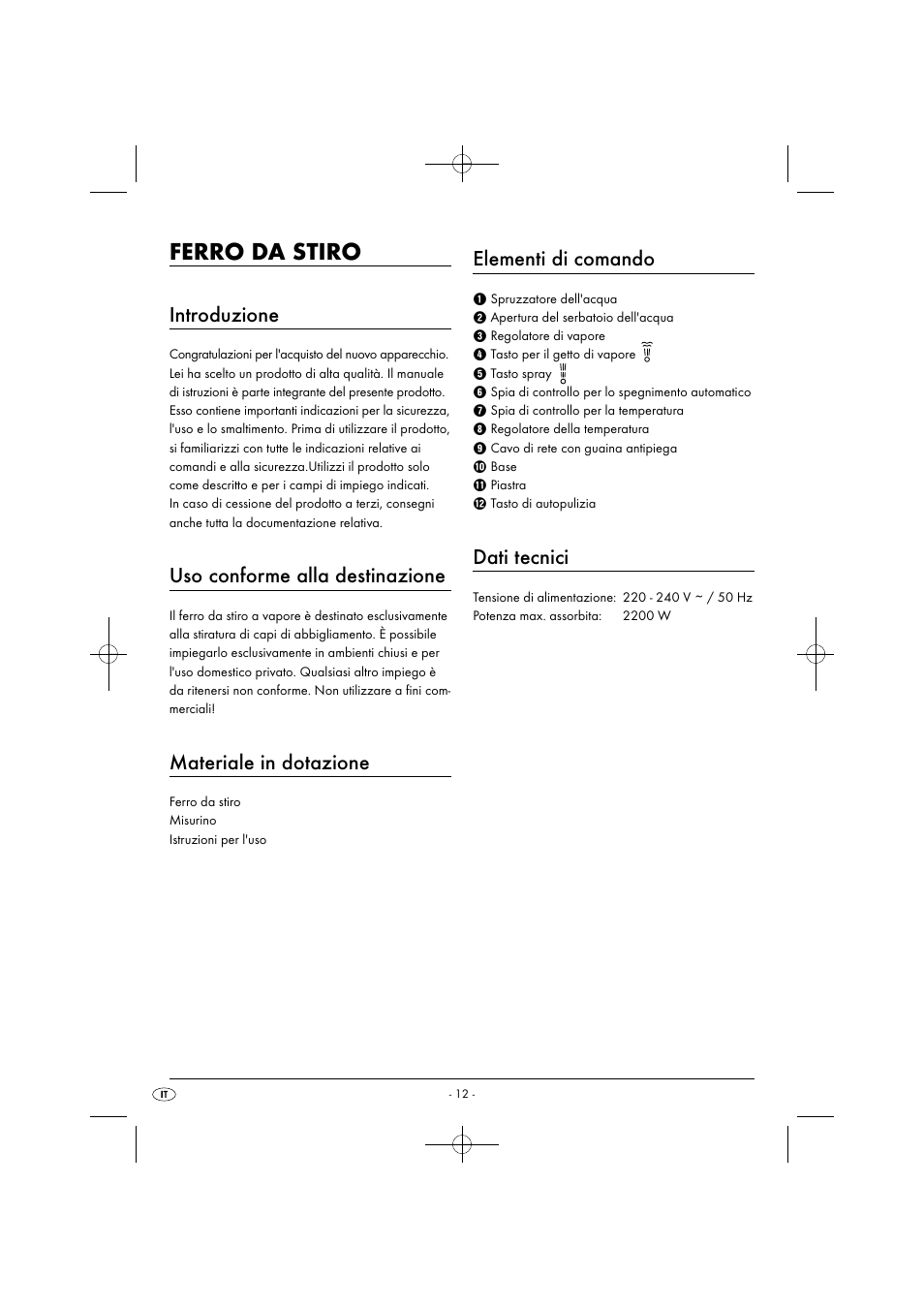 Ferro da stiro, Introduzione, Uso conforme alla destinazione | Materiale in dotazione, Elementi di comando, Dati tecnici | Silvercrest SDB 2200 C1 User Manual | Page 15 / 54